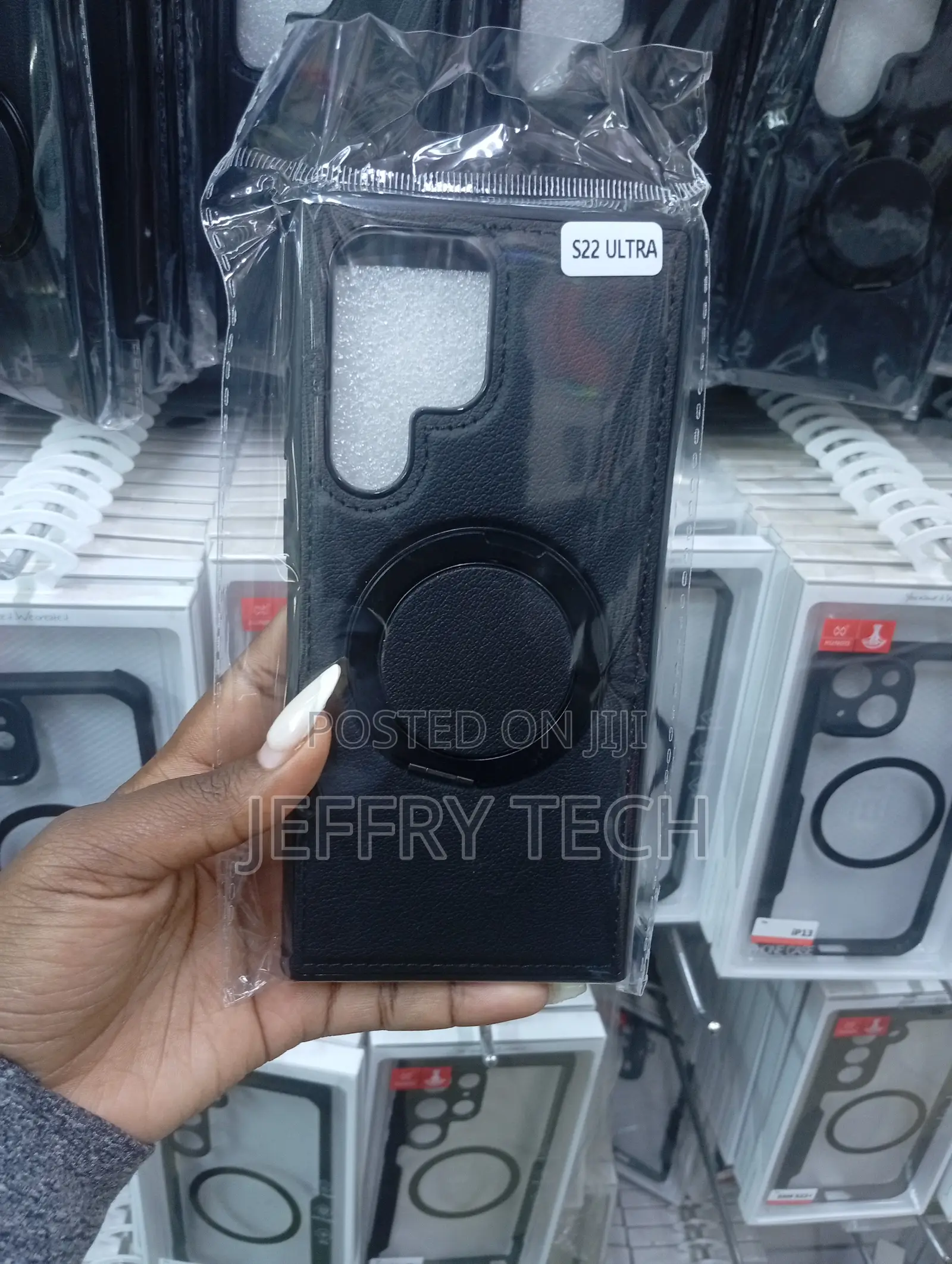 Black Faux Leather Phone a Built-in Magnetic Ring and Kickstand,