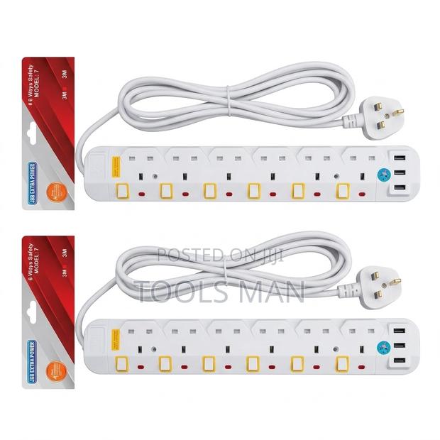 JSB 6-Way Power Extension Cable + Usb, 3m Heavy Duty Surge Protector