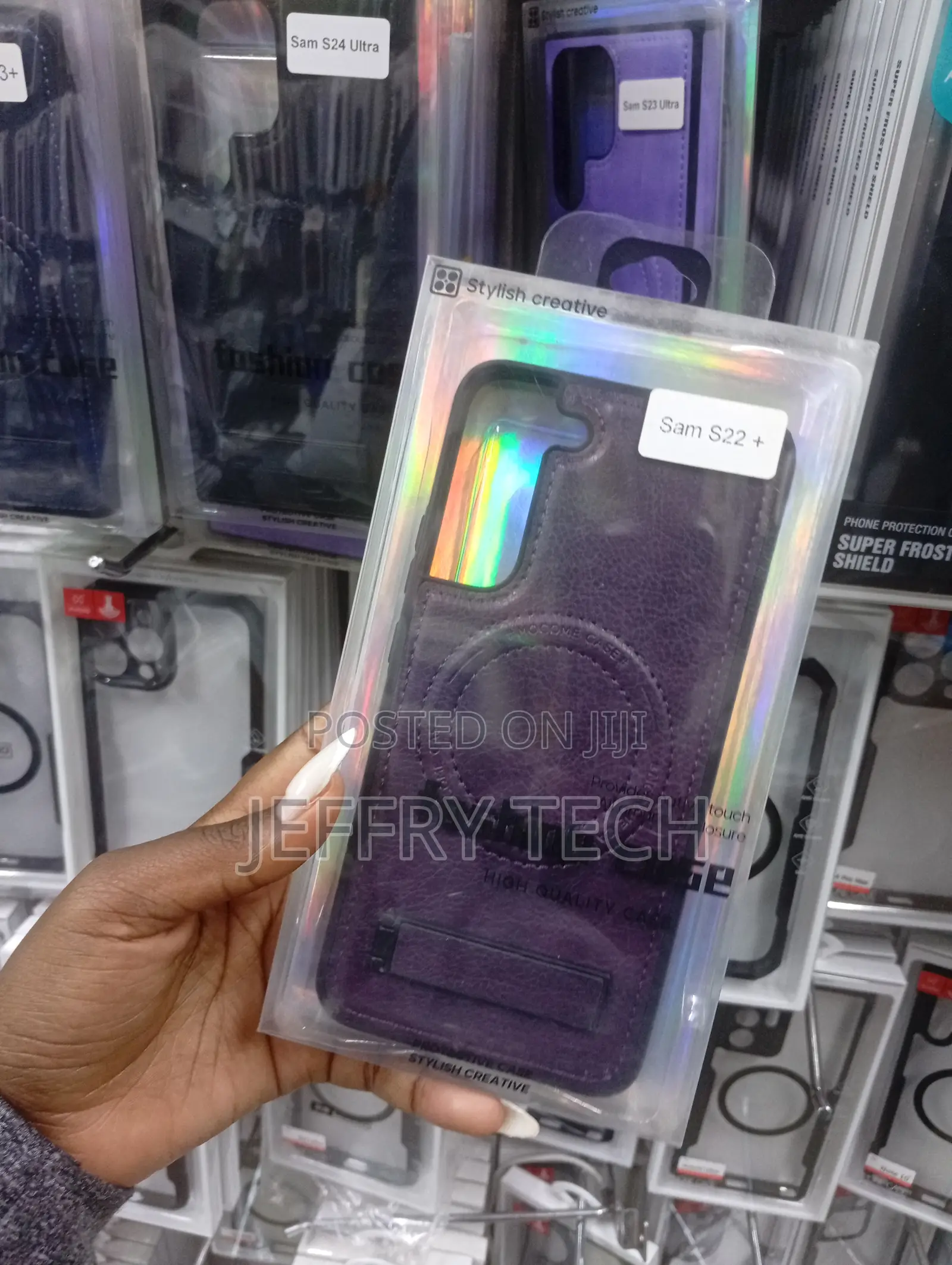 Purple Leather Magnetic Phone Case for a Samsung Galaxy S22+.