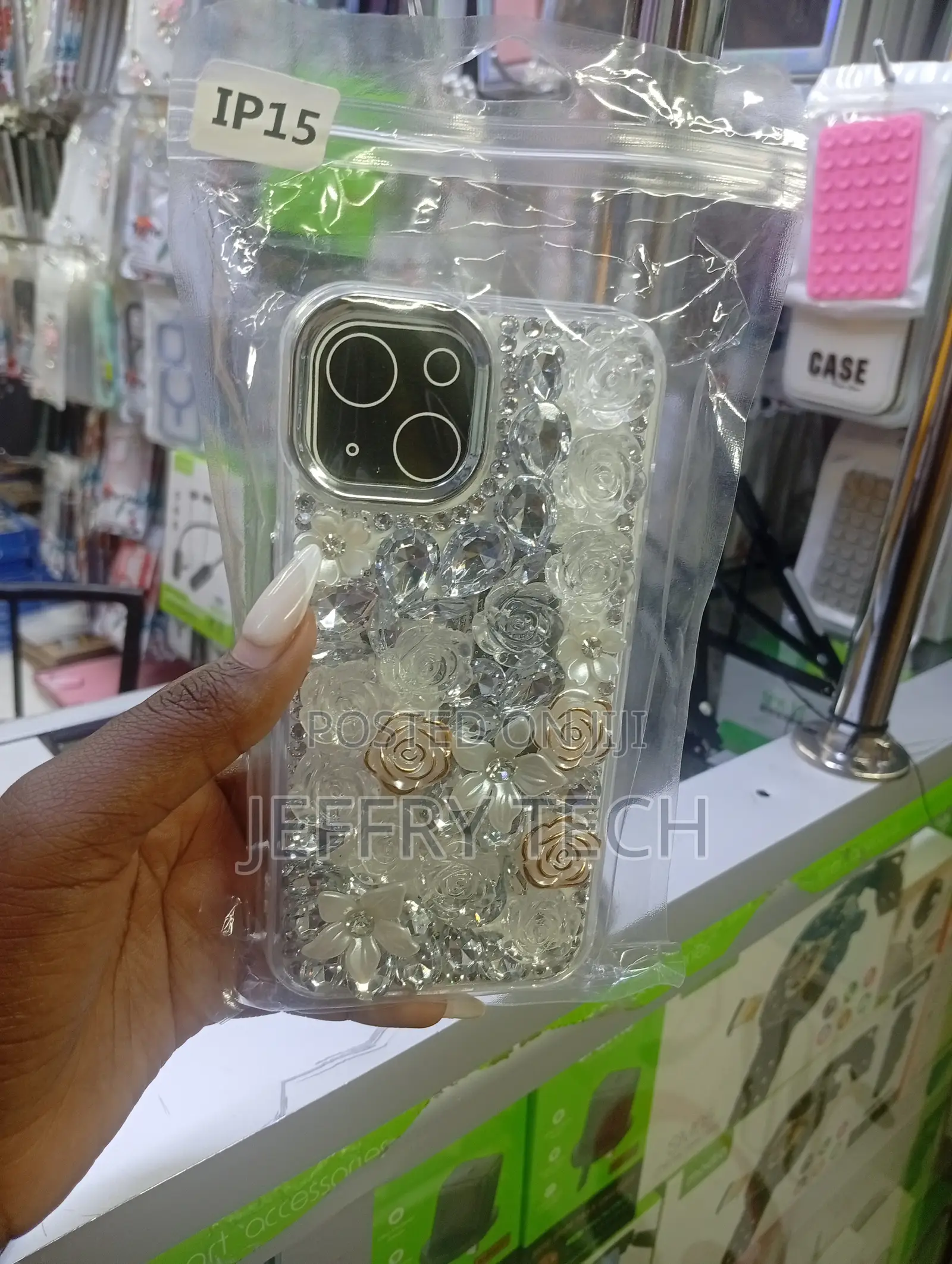 Decorative Floral Rhinestone Phone Case Designed for the iPhone 15.
