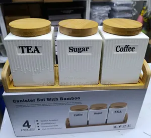 *3pc Ceramic Canister Set With Bamboo Lids
