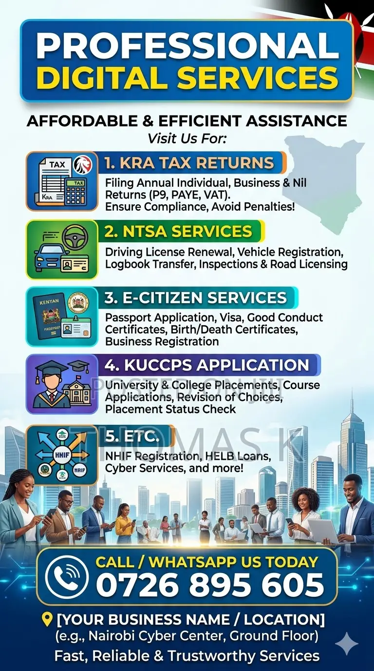 Kra Tax Returns, Ntsa Services, E-citizen, Kuccps Application Etc