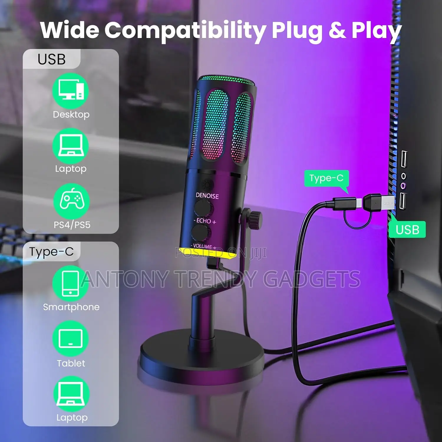 Gaming Usb Microphone With RGB Light Podcast Stream Mic