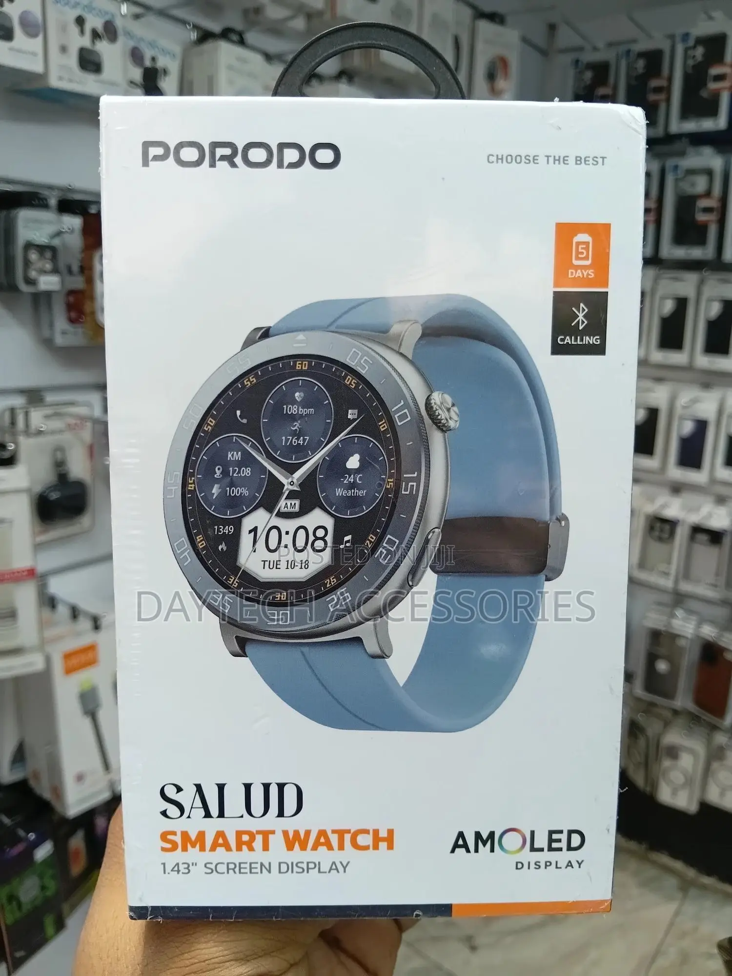 This Is a Porodo Salud Smart Watch With a Light Blue Band.