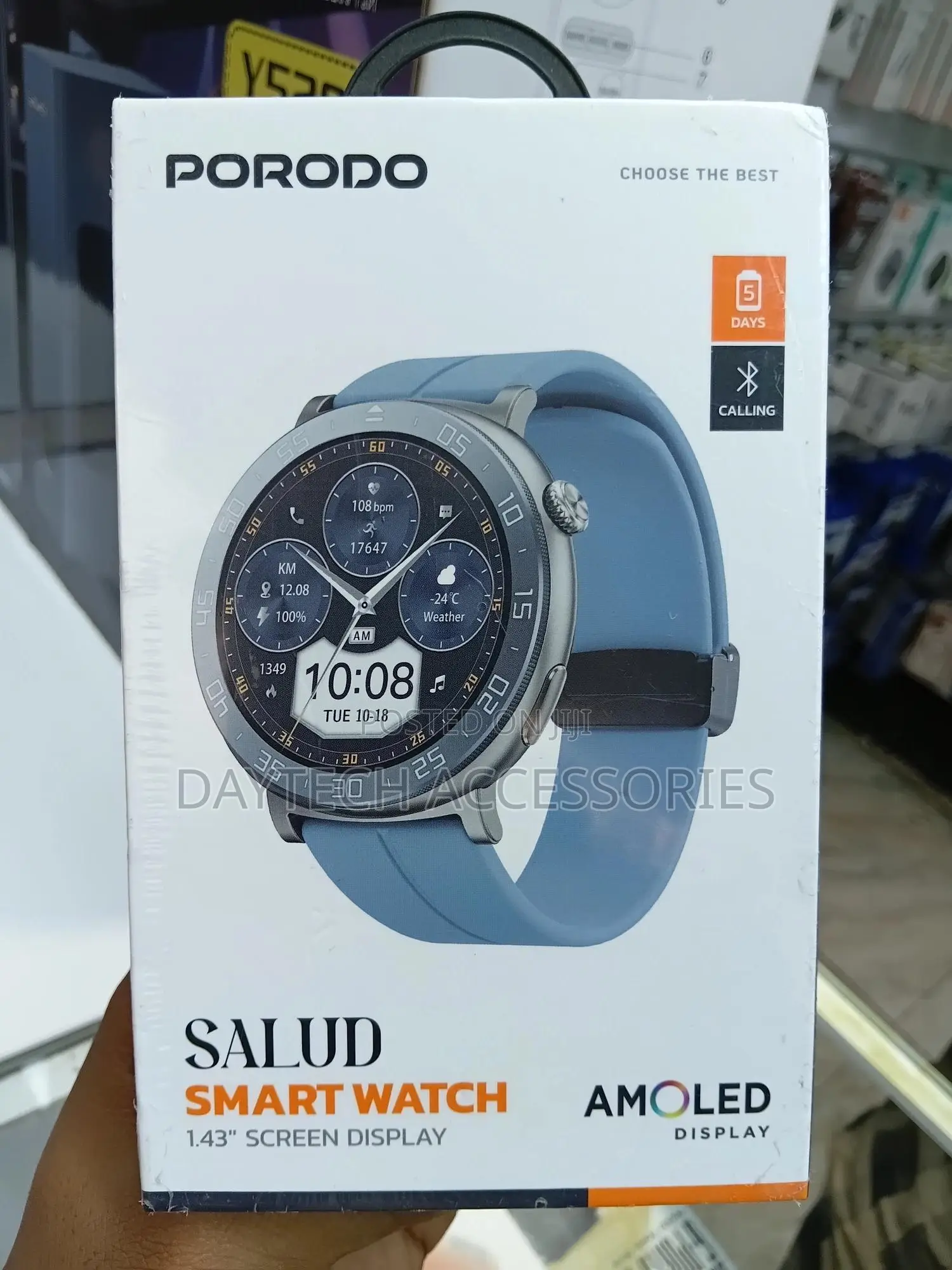 This Is a Porodo Salud Smart Watch With a Light Blue Band.