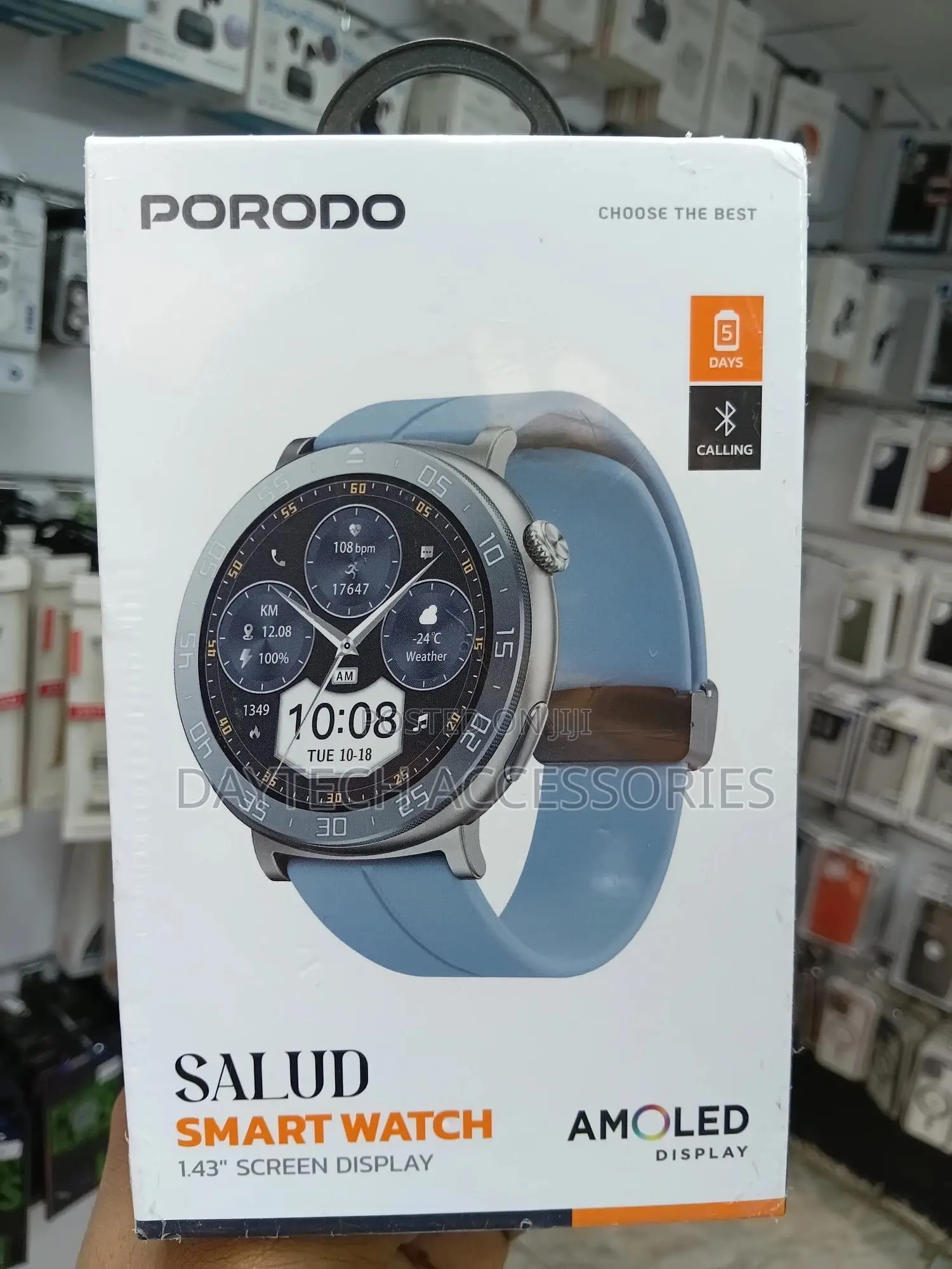 Porodo Smartwatch 1.43 Amoled Aluminum Bezel + Blue Silicone Strap
