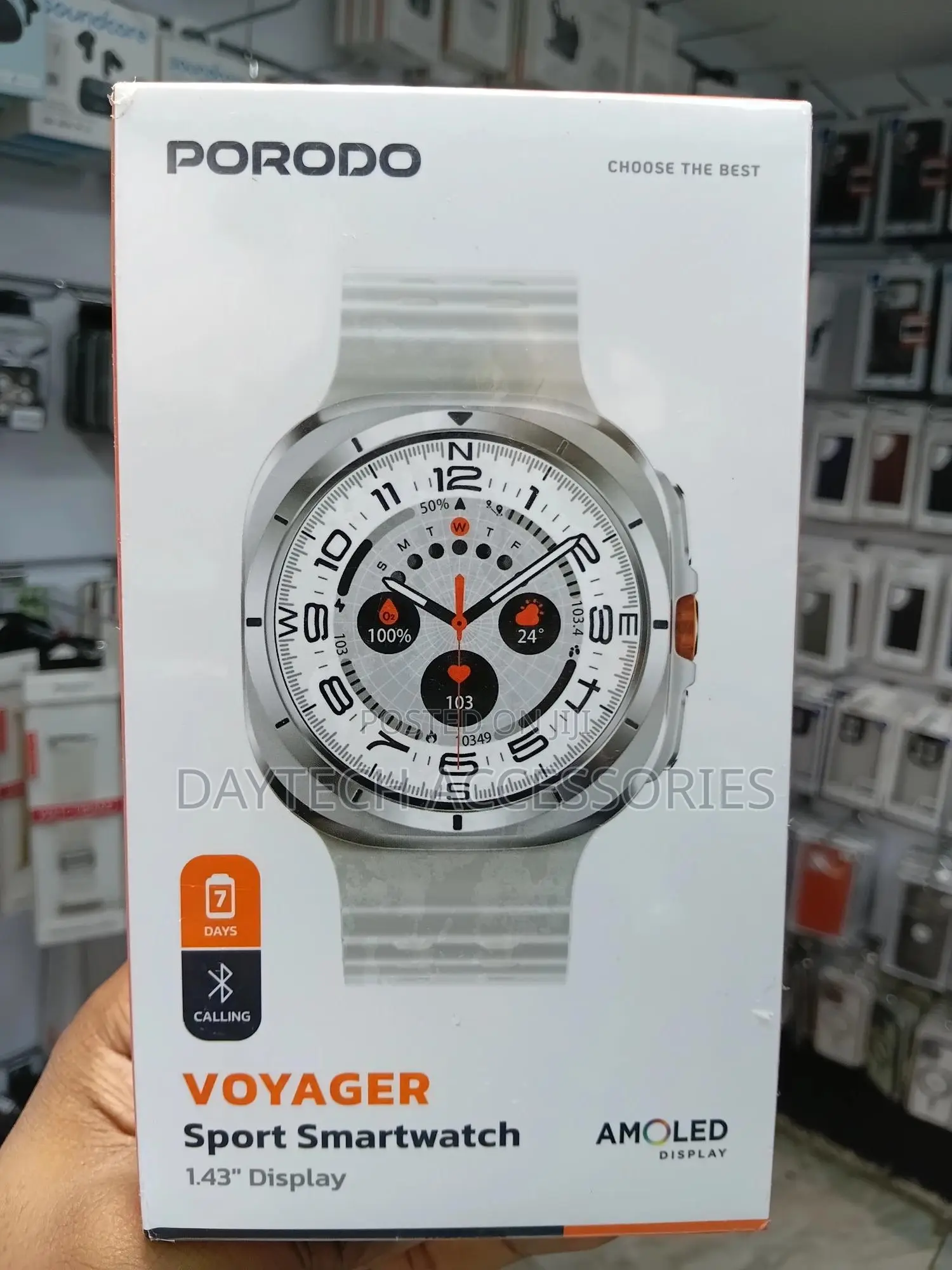 Porodo Voyager Sport Smartwatch With a 1.43" Amoled Display in Silver.