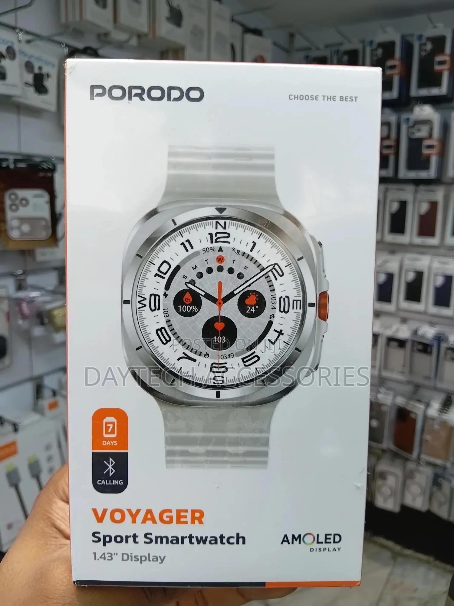Porodo Voyager Sport Smartwatch With a 1.43" Amoled Display in Silver.