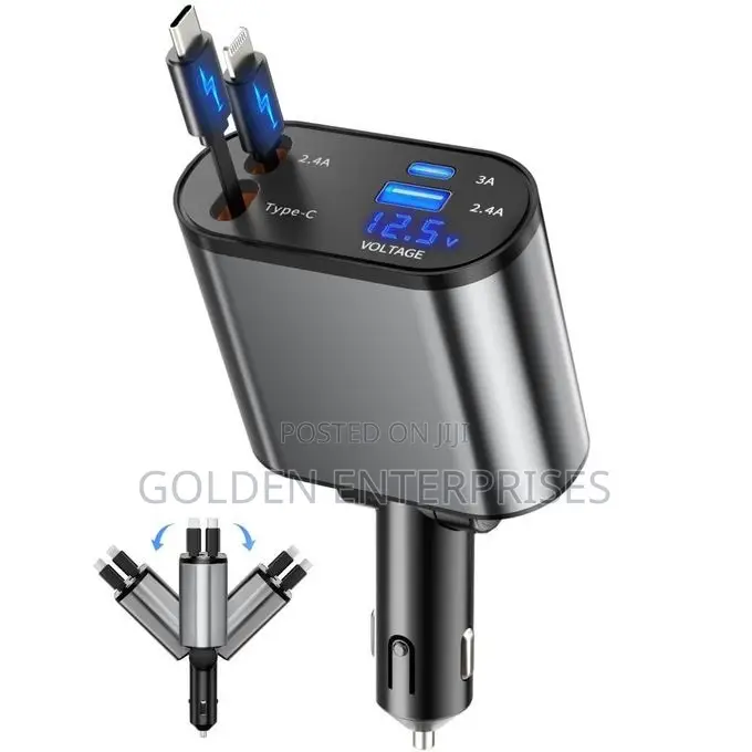 Fast Charging Car Plug With Built-in Cables Digital Voltage Monitor
