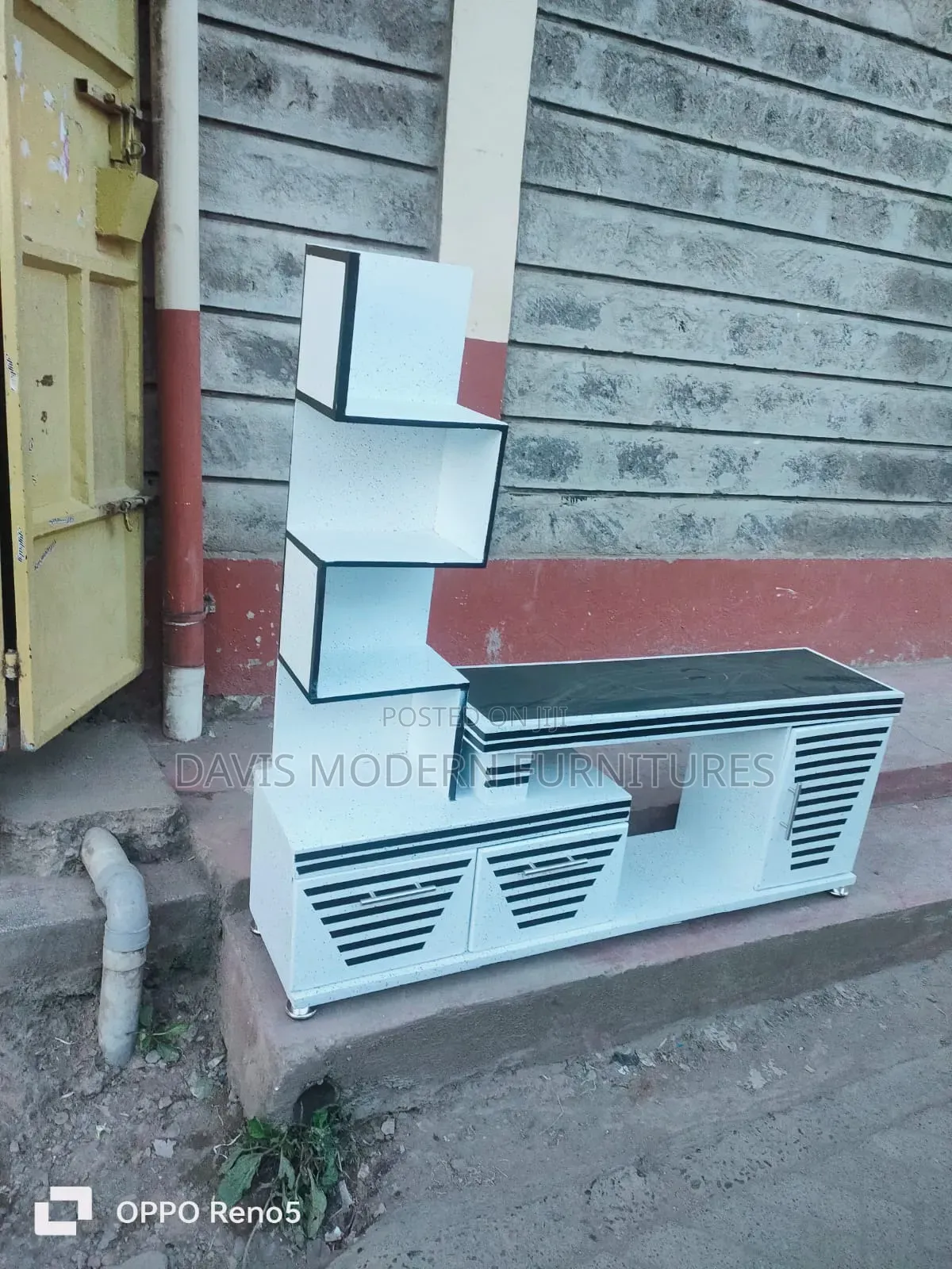 Modern White Tv Stand With Black Stripes