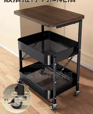 Multipurpose, Three-Tier Rolling Utility Cart With a Wooden Top Shelf