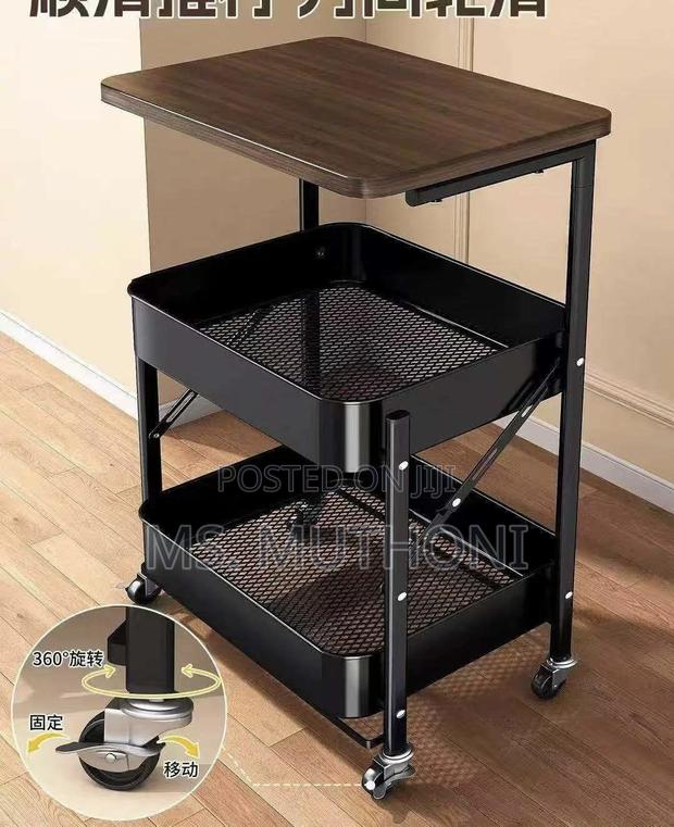 Multipurpose, Three-Tier Rolling Utility Cart With a Wooden Top Shelf - thumbnail 3