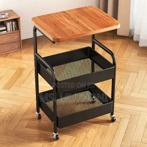 Multipurpose, Three-Tier Rolling Utility Cart With a Wooden Top Shelf