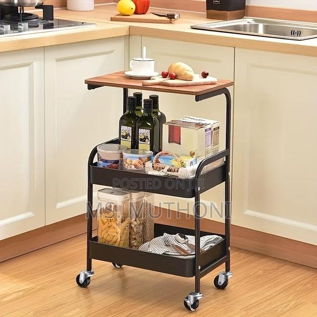 Multipurpose, Three-Tier Rolling Utility Cart With a Wooden Top Shelf