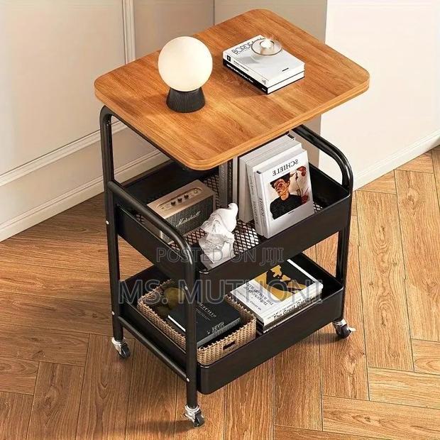 Multipurpose, Three-Tier Rolling Utility Cart With a Wooden Top Shelf - thumbnail 4