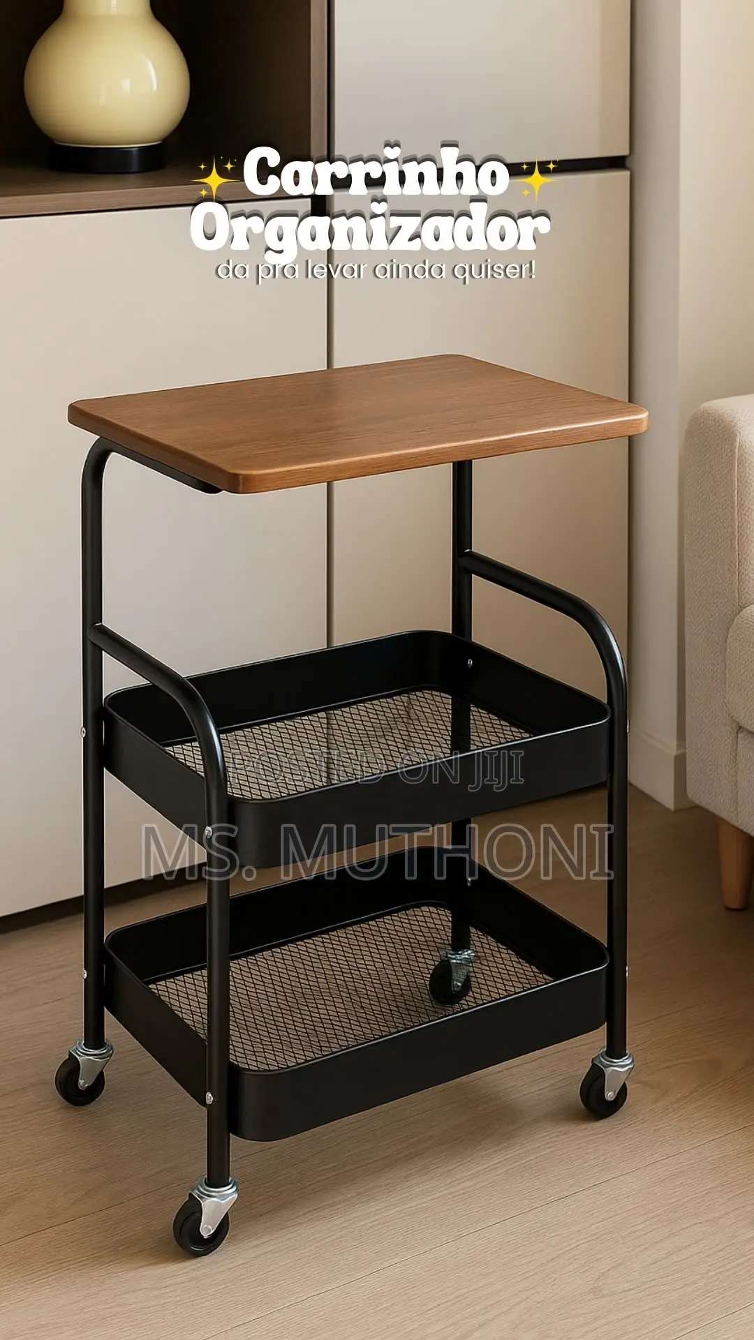 Multipurpose, Three-Tier Rolling Utility Cart With a Wooden Top Shelf