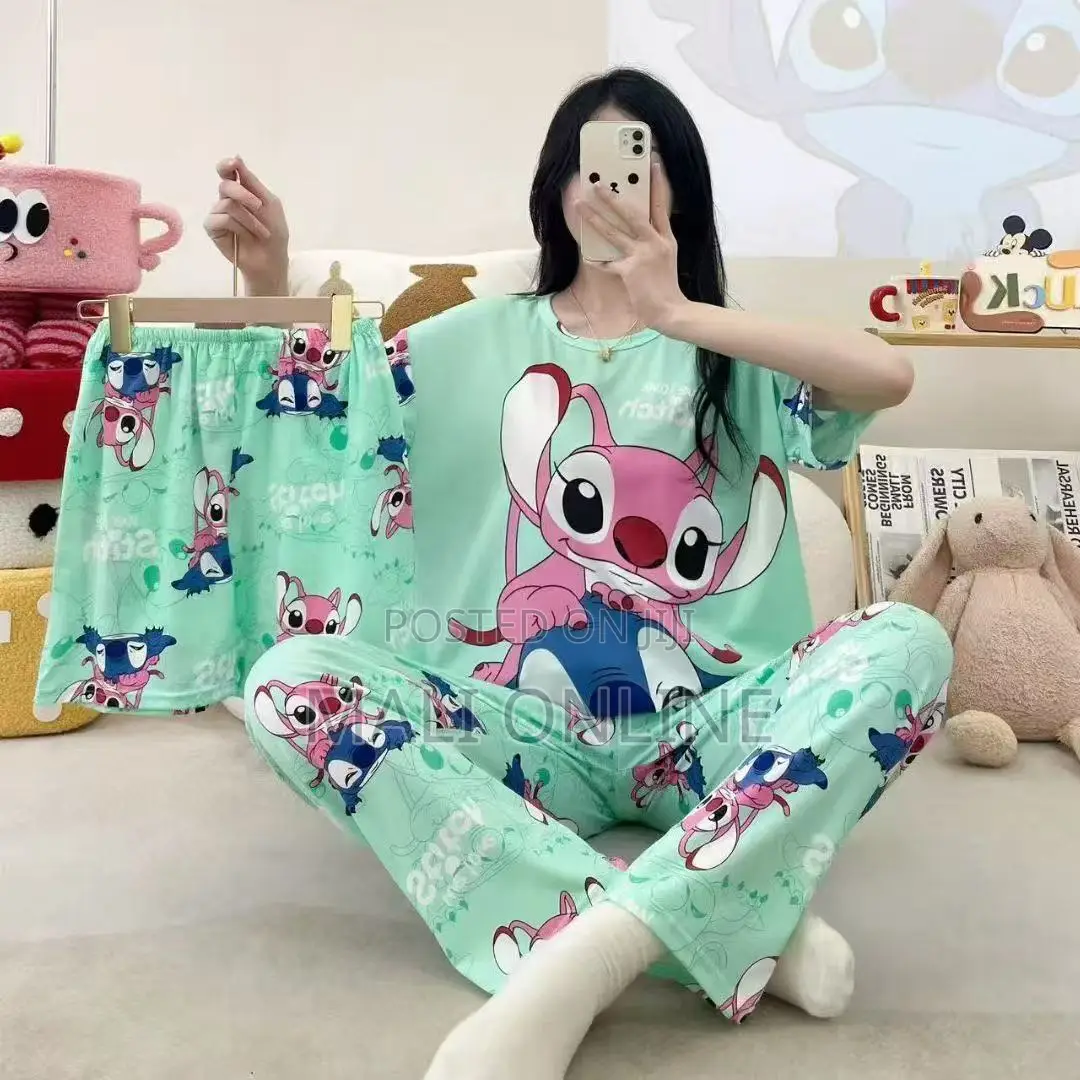 Ladies Cute Pajama Set 3pc Milk Silk Sleepwear Trouser Short Top L-3xl