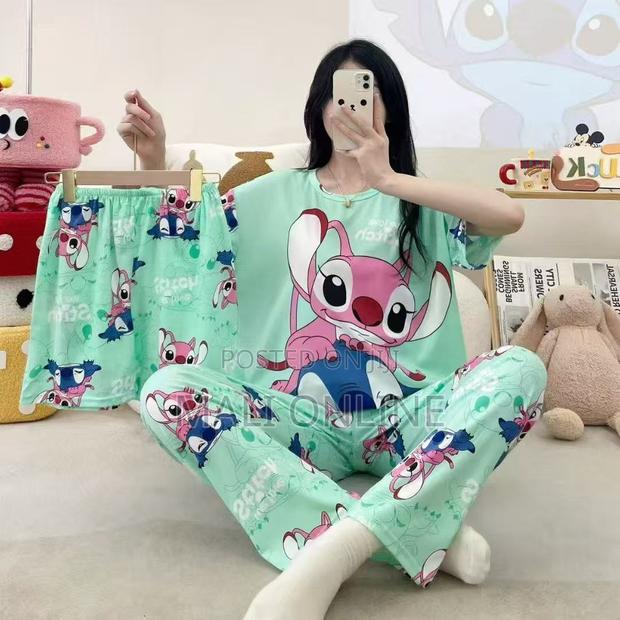 Ladies Cute Pajama Set 3pc Milk Silk Sleepwear Trouser Short Top L-3xl