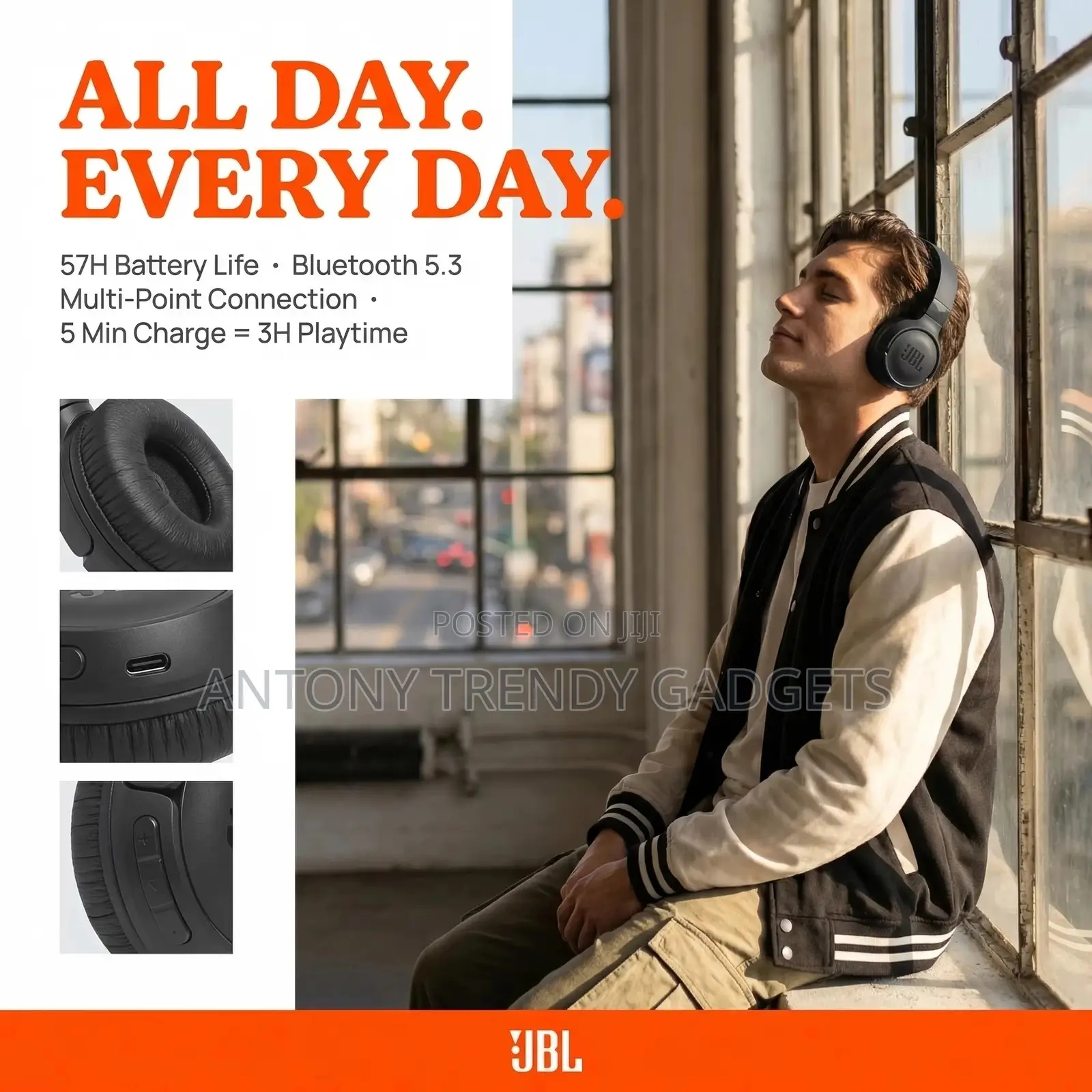 JBL Tune 520 Wireless Headphones, Lightweight Foldable