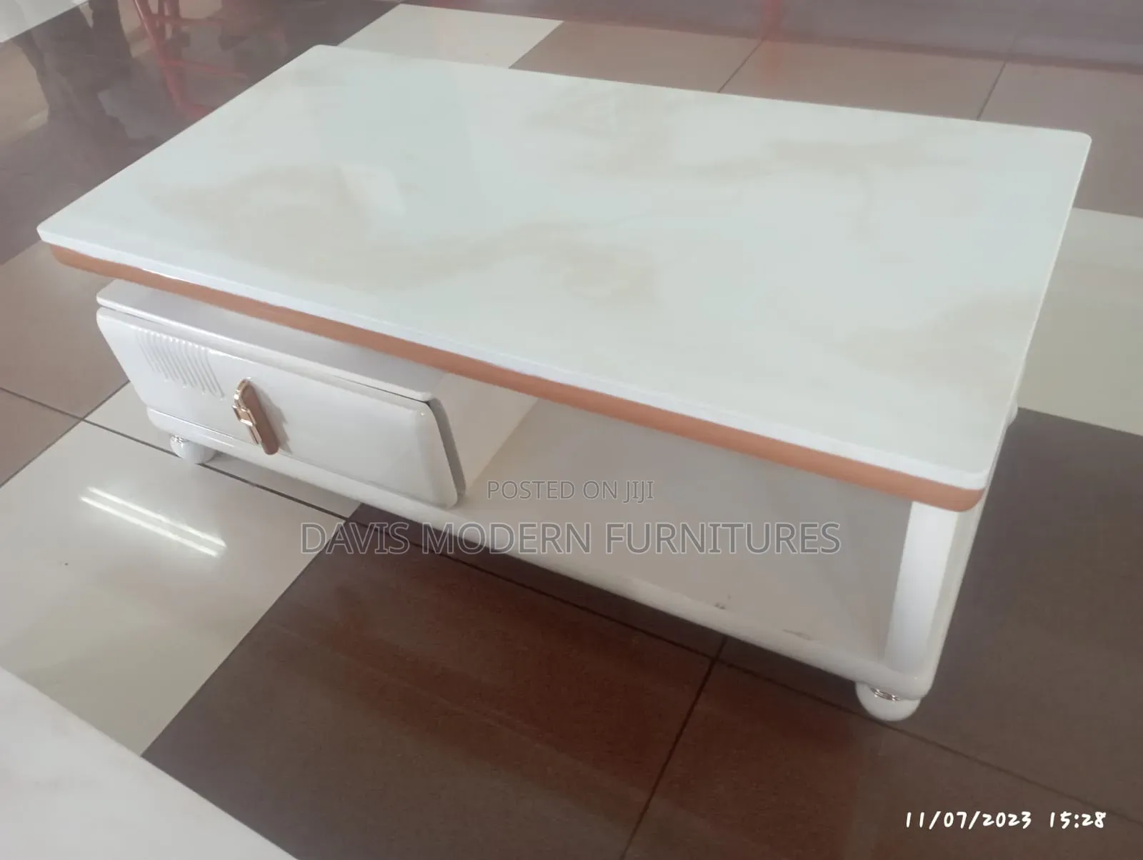 Cream Marble -Print Top and Gold-Tone Accents Coffee Table