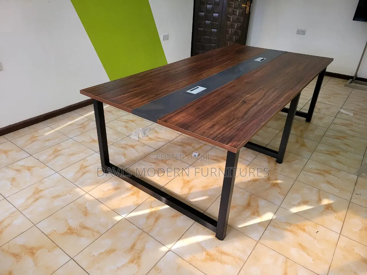 Industrial Conference Table With Wood-Grain Top