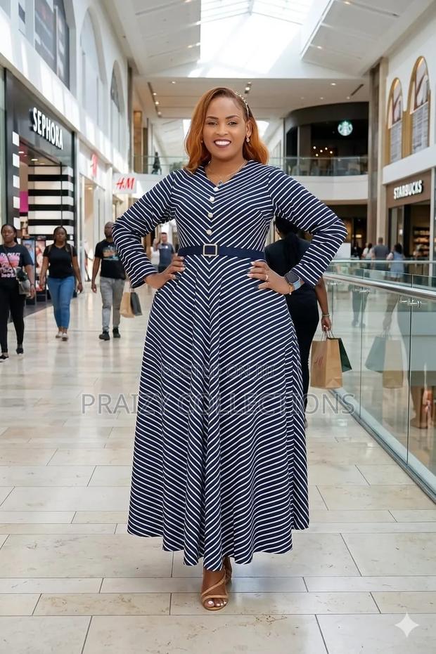 Inverted Striped Maxi Dress With Decor Buttons