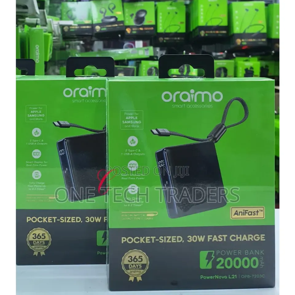 Oraimo Power Bank, 30w 20000mah* Fast Charging With Inbuilt Cable
