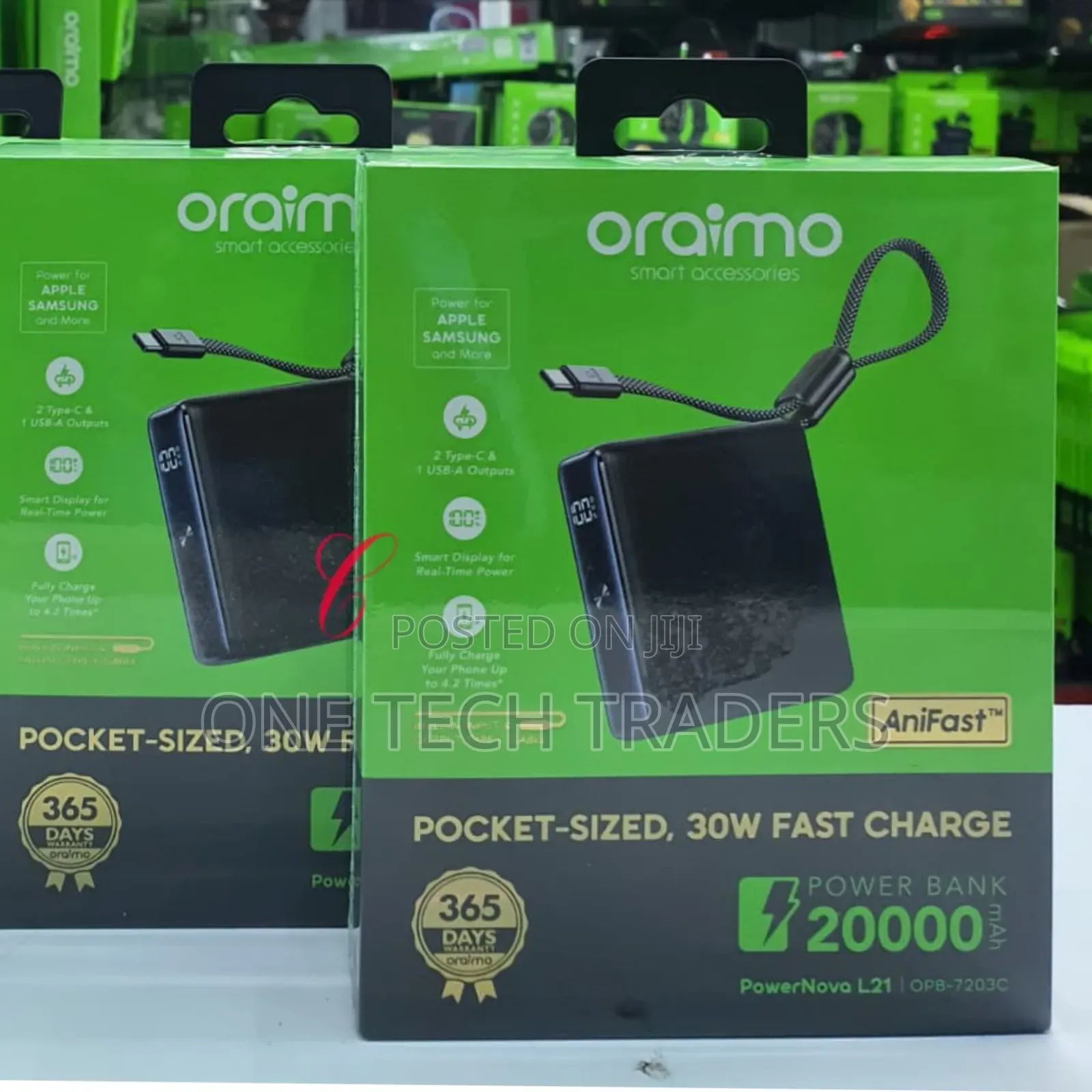 Oraimo Power Bank, 30w 20000mah* Fast Charging With Inbuilt Cable