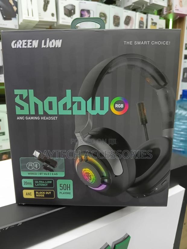 These Are Green Lion Shadow Anc Gaming Headsets in Black.