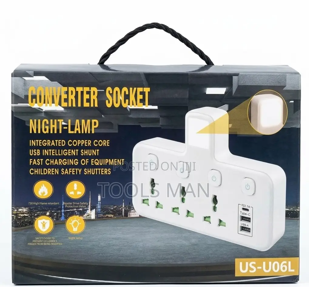 3-Way Universal Converter Socket.Usb-c, Fast Charge Night Lamp Ext