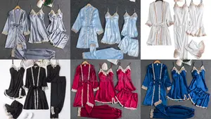 5pc Satin Pajama Set Lace Trim Nightwear L-3xl Sexy Wear for Sleep