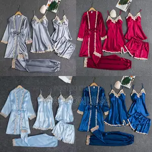 5pc Satin Pajama Set Lace Trim Nightwear L-3xl Sexy Wear for Sleep