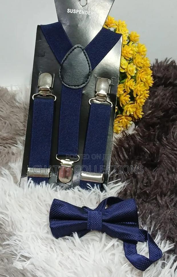 Navy Blue Unisex 2 in 1 Adults / Kids Suspender With Bow Ties