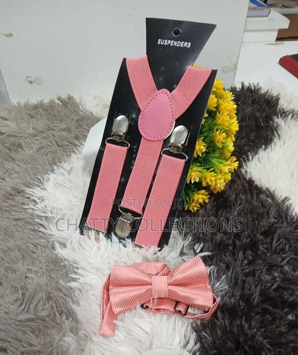 Pink Unisex 2 in 1 Adults / Kids Suspender With Bow Ties