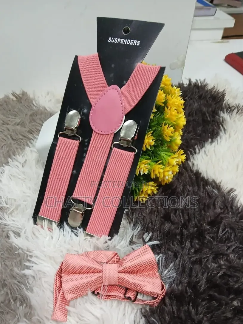 Pink Unisex 2 in 1 Adults / Kids Suspender With Bow Ties
