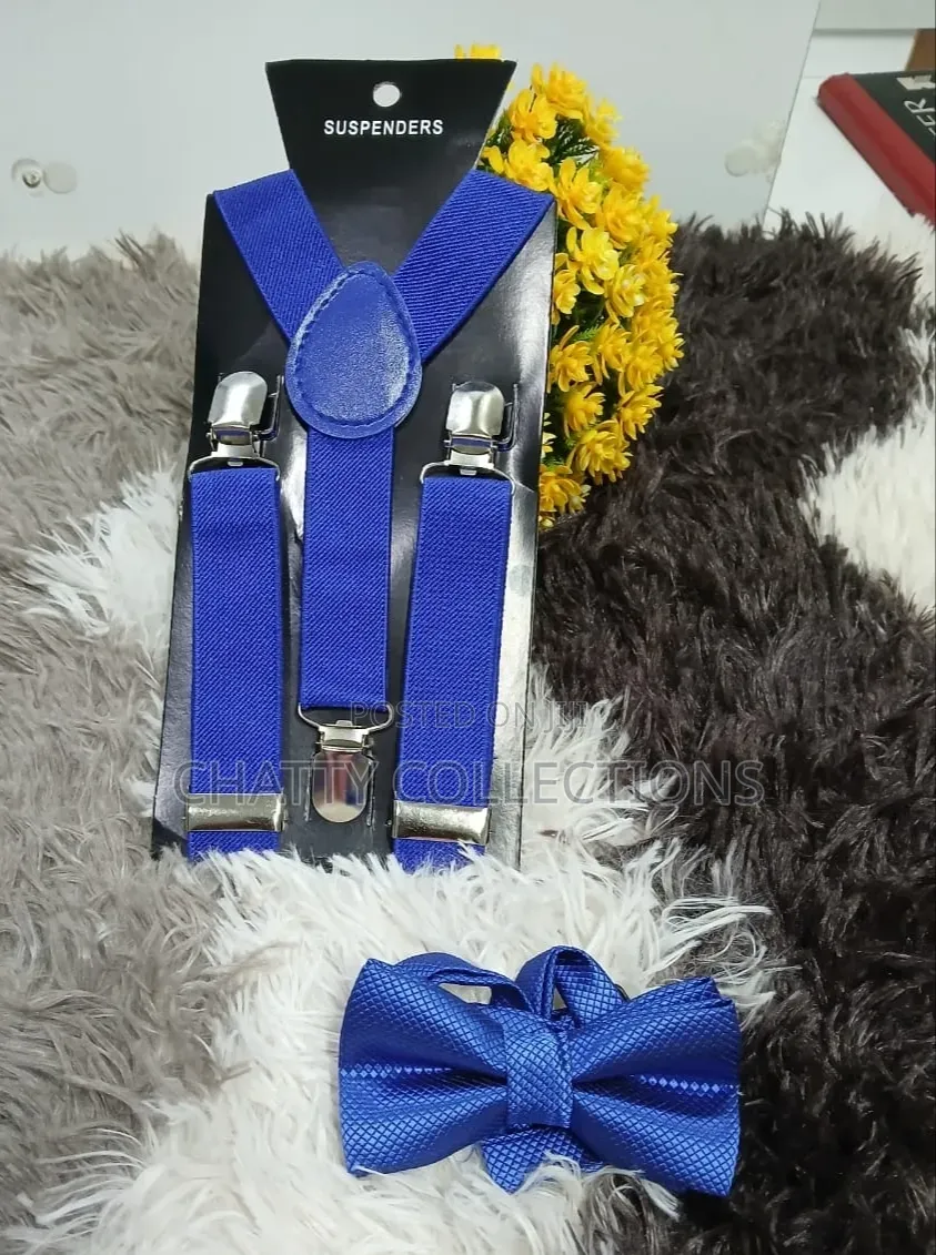 Blue Unisex 2 in 1 Adults / Kids Suspender With Bow Ties
