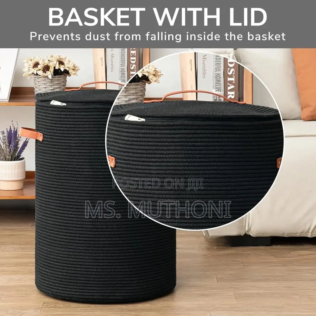 Large Woven Cotton Rope Storage Basket , Lid Leather Straps