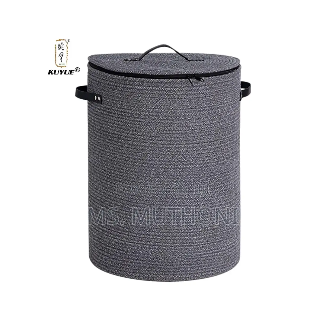 Large Woven Cotton Rope Storage Basket , Lid Leather Straps