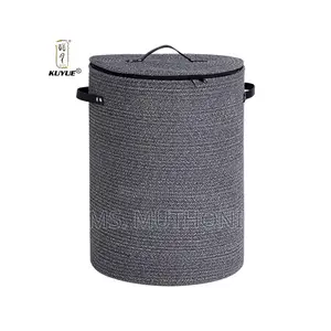 Large Woven Cotton Rope Storage Basket , Lid Leather Straps