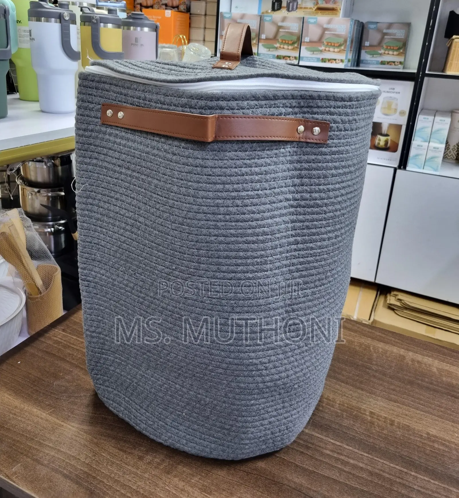 Large Woven Cotton Rope Storage Basket , Lid Leather Straps