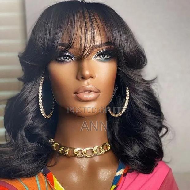 14 Inch Long Wavy Semi - Human Bob With Bangs, 180% Density - thumbnail 2