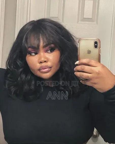 14 Inch Long Wavy Semi - Human Bob With Bangs, 180% Density