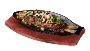 Cast Iron Fish Frying Pan Skillet Sizzling Plate With Wooden Base
