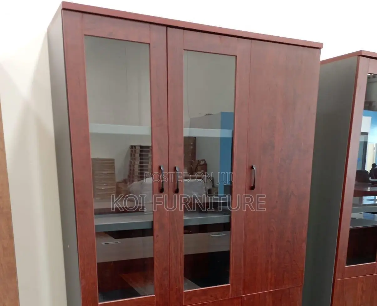 Office Cabinet; Three Doors Wooden Red Executive Cabinet for Doc Store