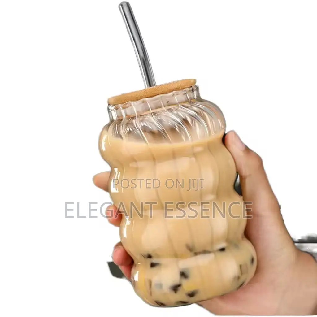 Insulated Striped Glass Drink Cup With Bamboo Lid and Straw-500ml