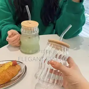 Insulated Striped Glass Drink Cup With Bamboo Lid and Straw-500ml
