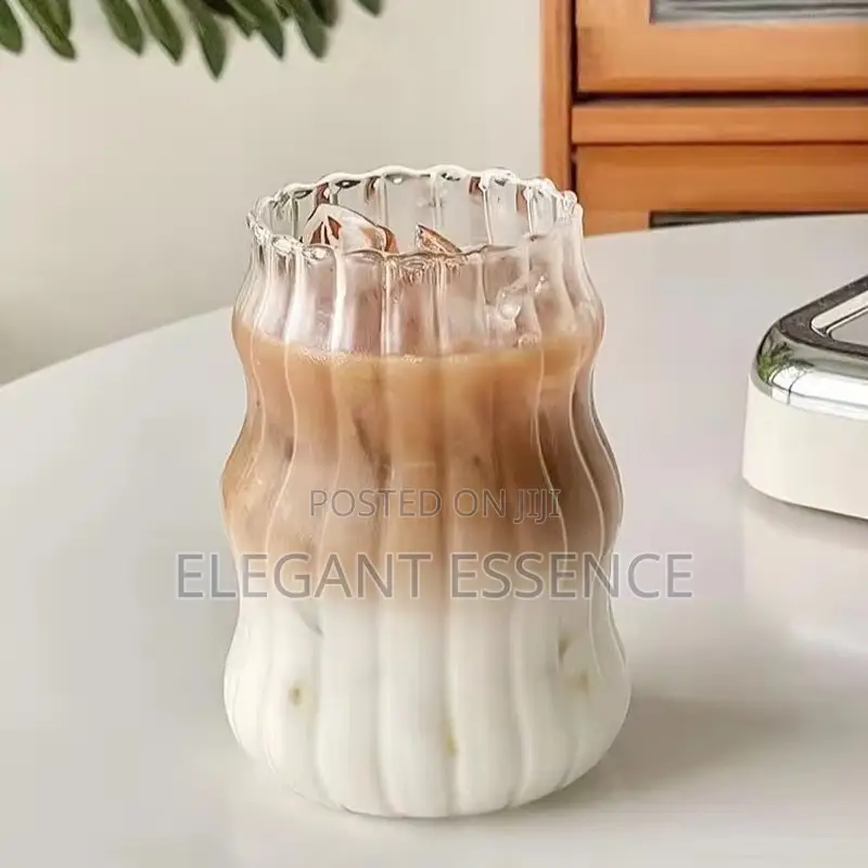 Insulated Striped Glass Drink Cup With Bamboo Lid and Straw-500ml