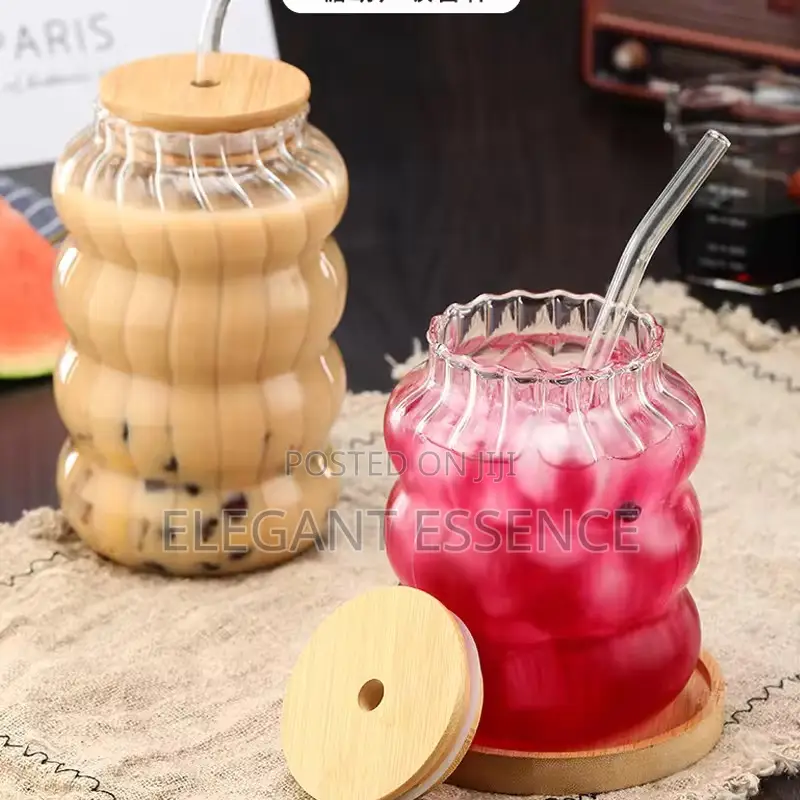 Insulated Striped Glass Drink Cup With Bamboo Lid and Straw-500ml