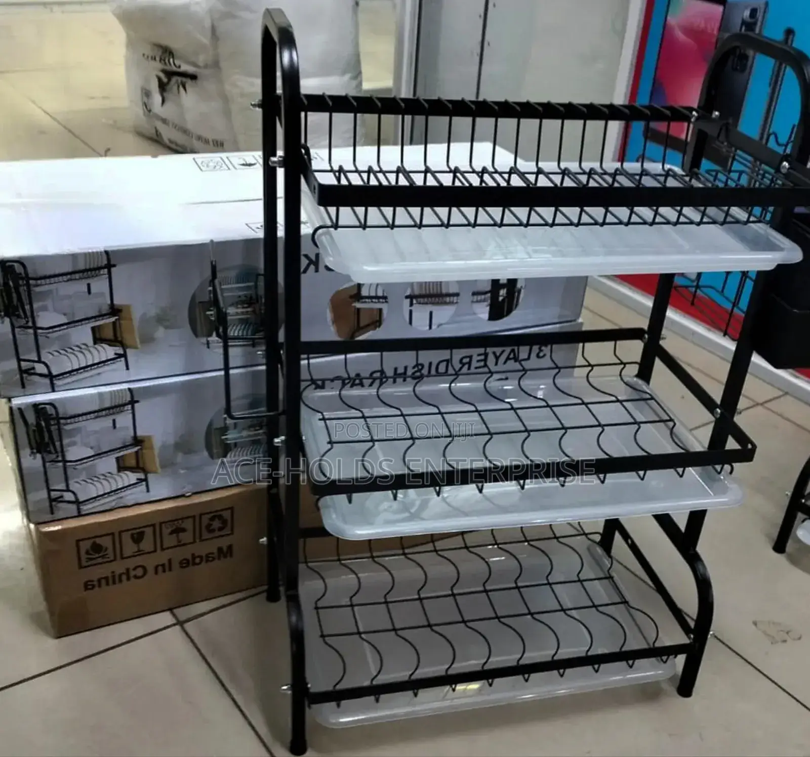 3 Layer Carbon Steel Dish Rack With Water Tray Collector