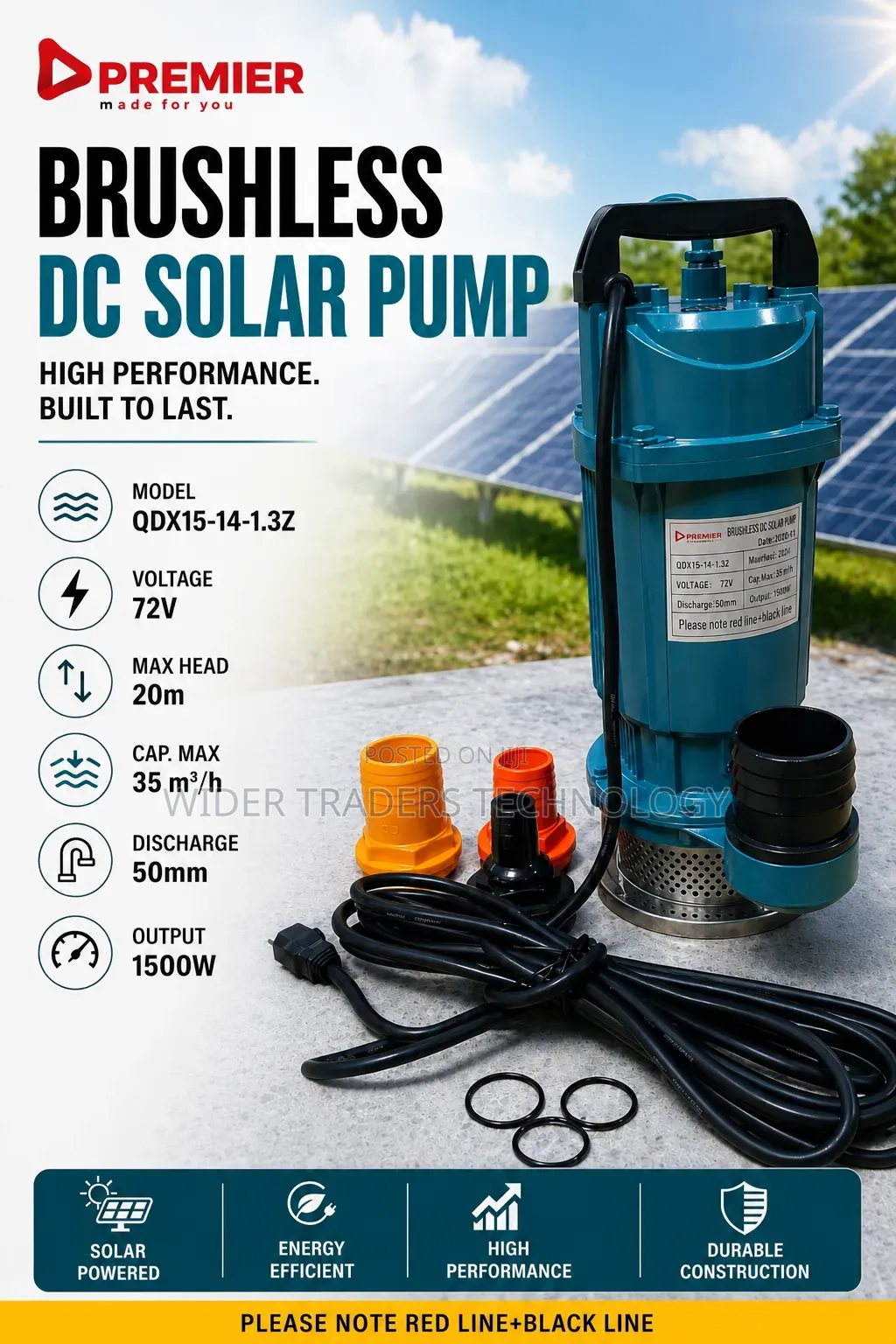Premier Brushless Dc Solar Submersible Water Pump, Model Qdx15-14